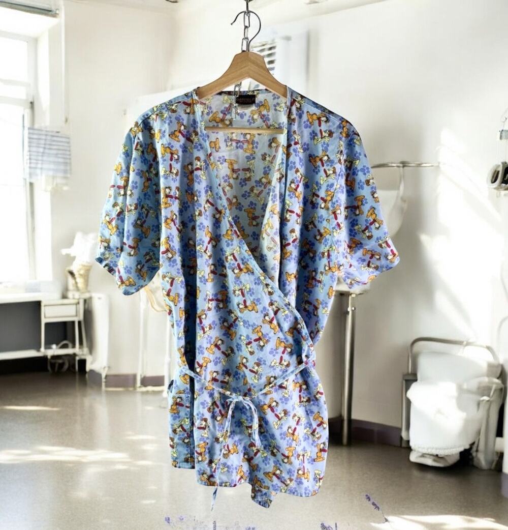 Garfield & Odie Women's XL Seal Blue Cartoon Wrap Scrubs Top Pockets Layering